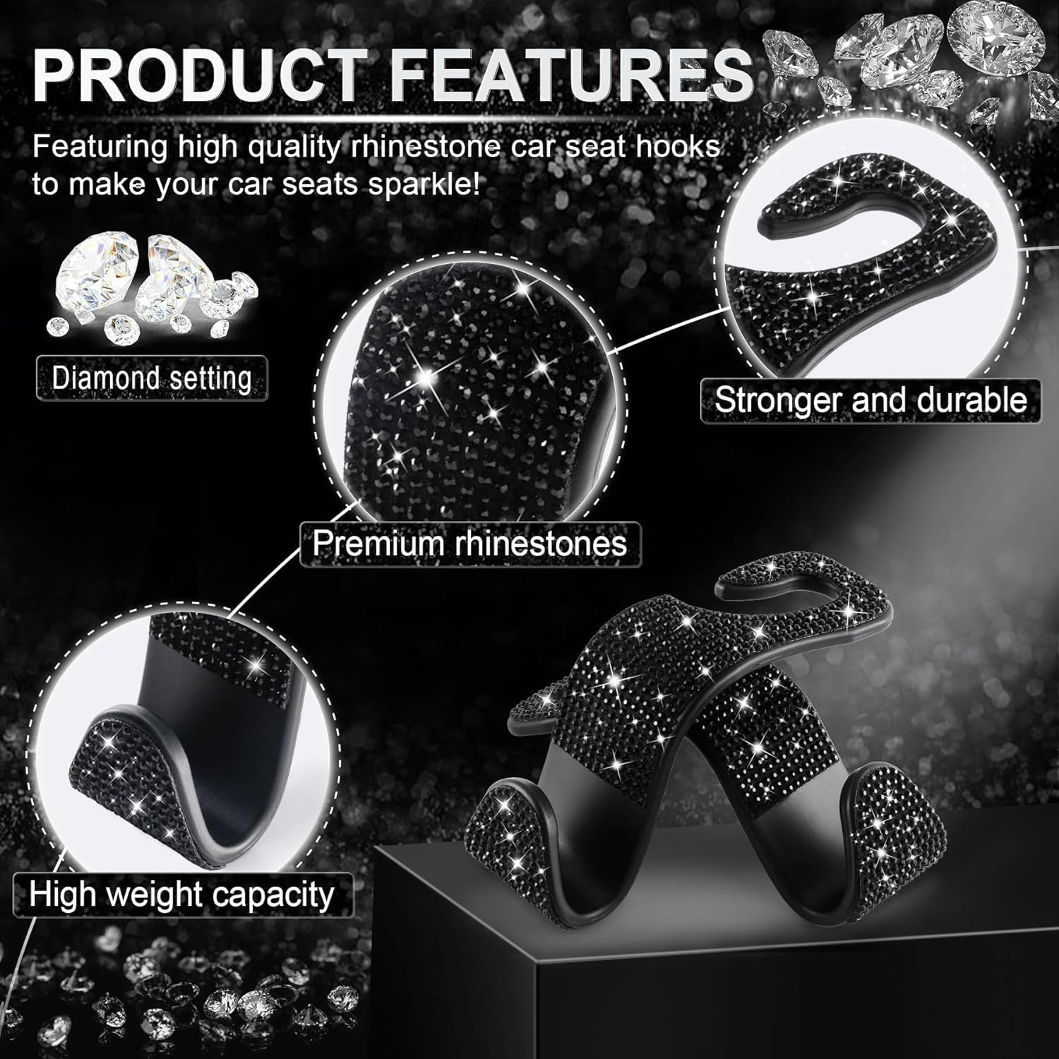 Crystal Bling Rhinestone Car Back Seat Headrest Hook,Universal Car Hooks， Purse Bag Holder, Car Interior Accessories for Women and Men,Handbag Hook for Car 4-Pack (Black) image number 2