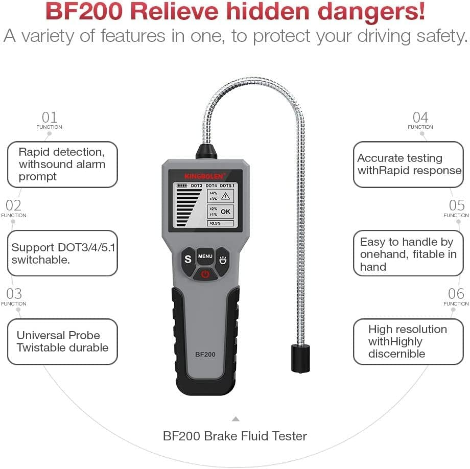 KINGBOLEN Brake Fluid Tester, Brake Fluid Diagnostic Test Tool, Hydraulic Fluid/Fluid/Oil Moisture Analyzer with LCD Screen Acoustic Alarm DOT3 DOT4 DOT5.1 Tester