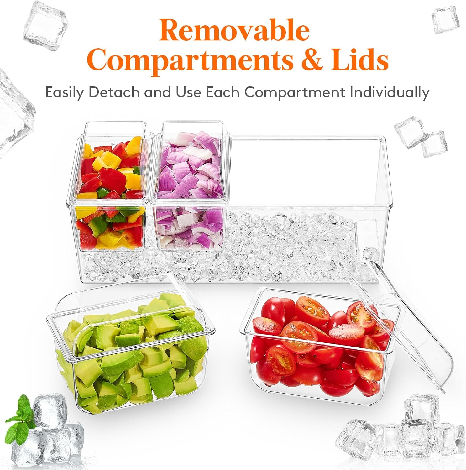 Lifewit Ice Chilled Condiment Caddy with 4 Containers(2.5 Cup), Condiment Server with Separate Lids, Serving Tray Platter with Removable Dishes for Bar Accessories, Fruit, Salad, Taco, Party Garnish