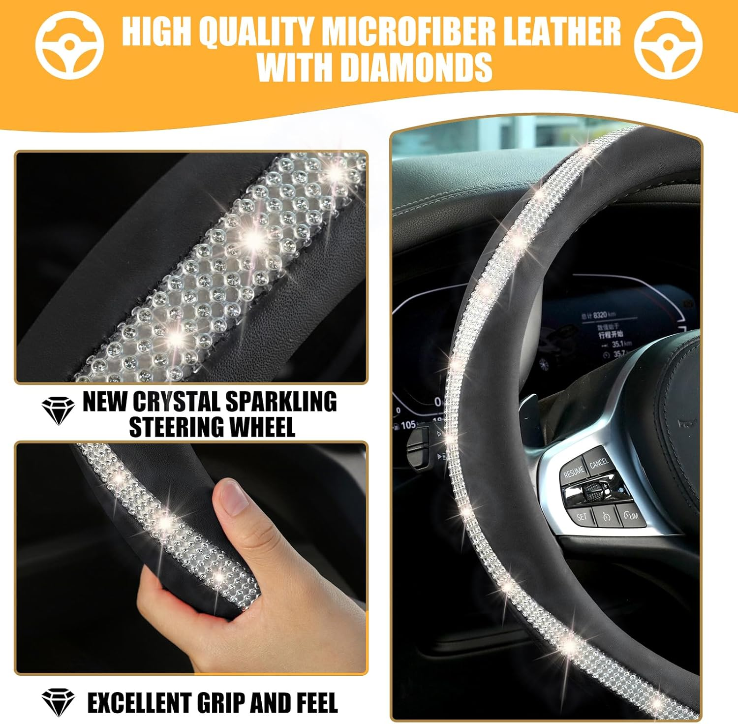 New Diamond Leather Steering Wheel Cover with Bling Crystal Rhinestone, Delicate and Anti-Slip Sparkly ，Fit 14" 1/2-15" Car Wheel Protector for Women Girl ，Black & White Diamond - Black+Pink image number 6