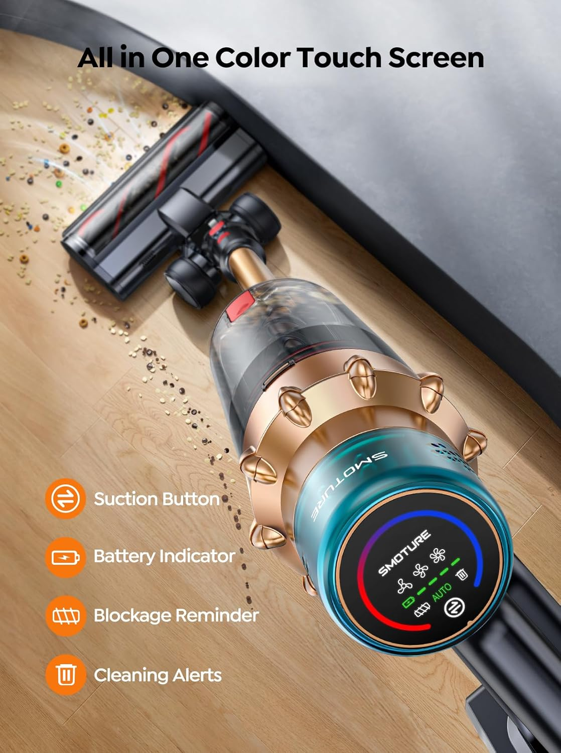 SMOTURE 50KPA 600W Cordless Vacuum Cleaner, 65Mins Runtime, Self-Standing Stick Vacuum with Aroma Function, Auto Mode, Wall Mount Charging, Touchscreen, Anti-Tangle Vacuum for Pet Hair/Floor/Carpet image number 6