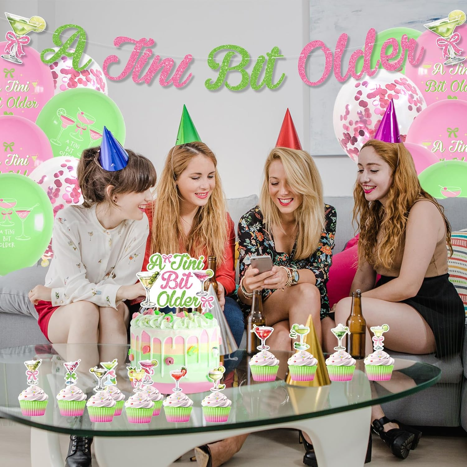 Xugoox 32Pcs Martini Bow Birthday Party Decorations, Green Pink Glitter a Tini Bit Older Banner Cake Topper Balloons for Girls Women, Martinis Party Decor for Birthday Bachelorette Party Supplies image number 2