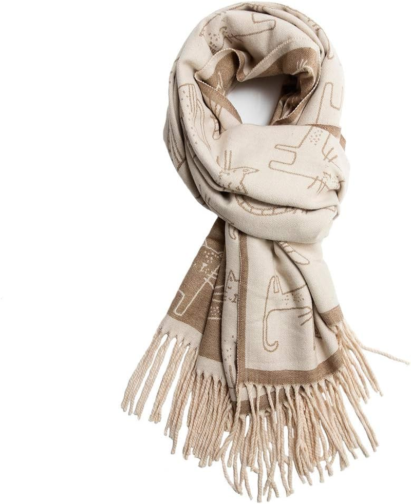 Women'S Fringed Scarf Cat Print Pattern Cape Winter Cashmere Feel Shawl Warm Wrap