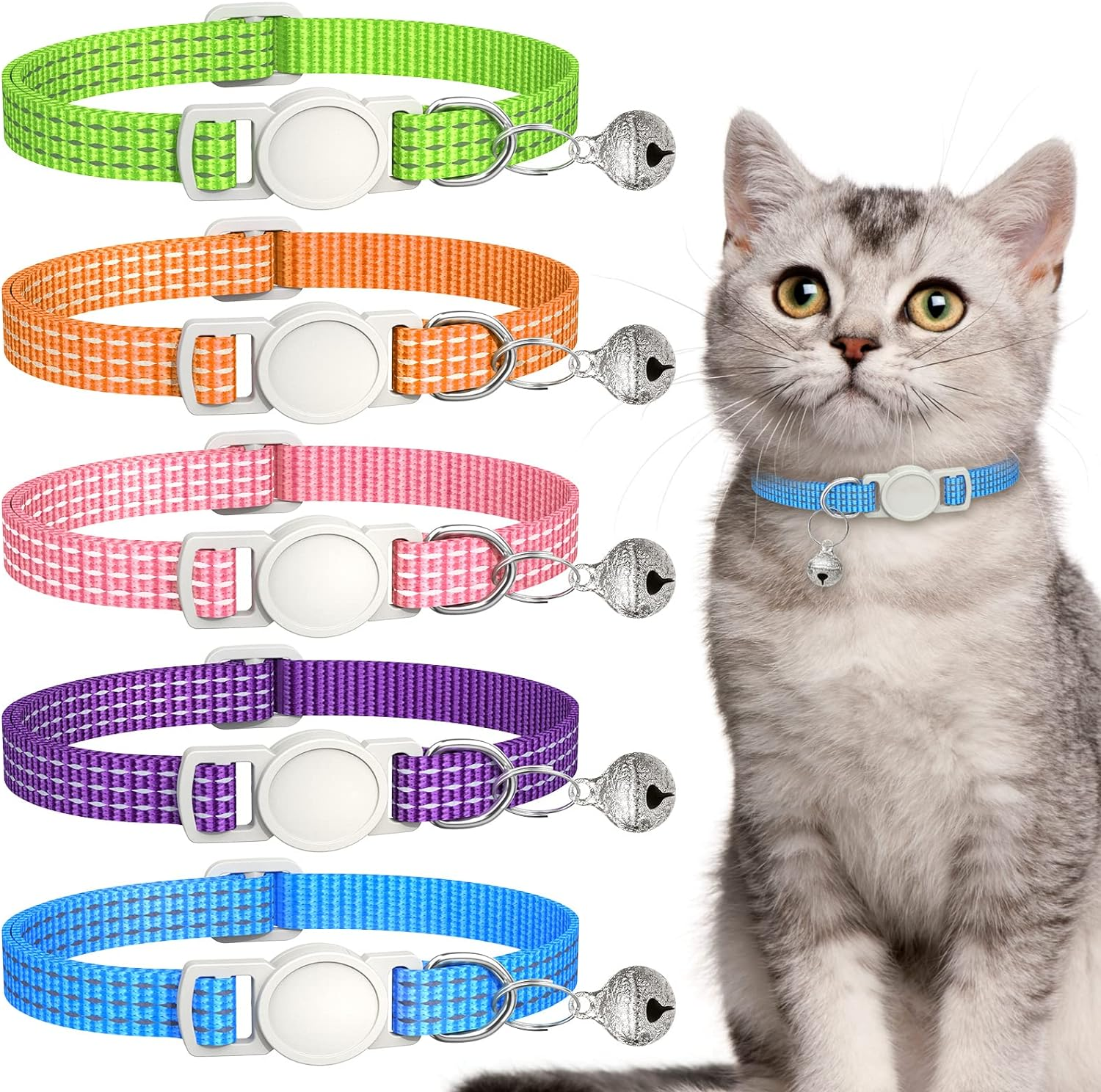 5 Pack Reflective-Breakaway Cat Collars with Bells,Adjustable Small Cat Collar,Ideal for Girl Cats Male Cats Kittens Puppies,Pet Supplies Stuff Accessories(7.9" - 13" & 6 Colors) (5 Classic Colors)