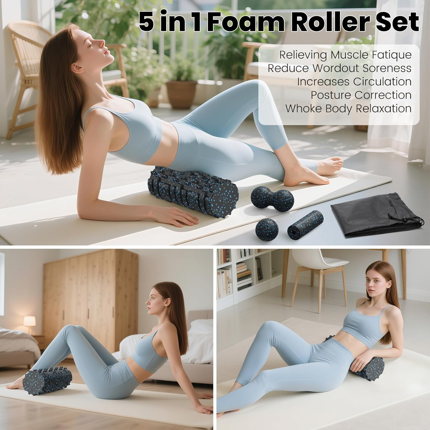 5 in 1 Foam Roller Set, Trigger Point Foam Roller, Massage Roller, Massage Ball, Peanut Massage Ball, Mini Roller for Deep Muscle Massage Pilates Yoga, Fitness Exercise for Whole Body (Blue Black)