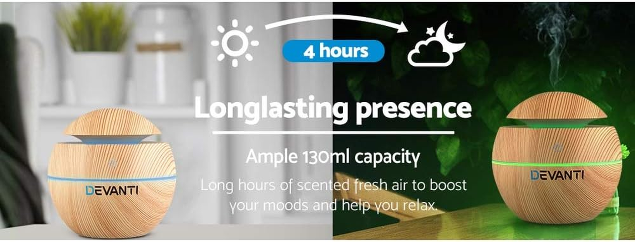 Devanti Aroma Diffuser, 130Ml Wood Grain Air Humidifier Purifier Essential Oils Car Freshener Vaporizer Aromatherapy Diffusers Scent Booster Home Office Bedroom Humidifiers Steam, 7 Led Light image number 3