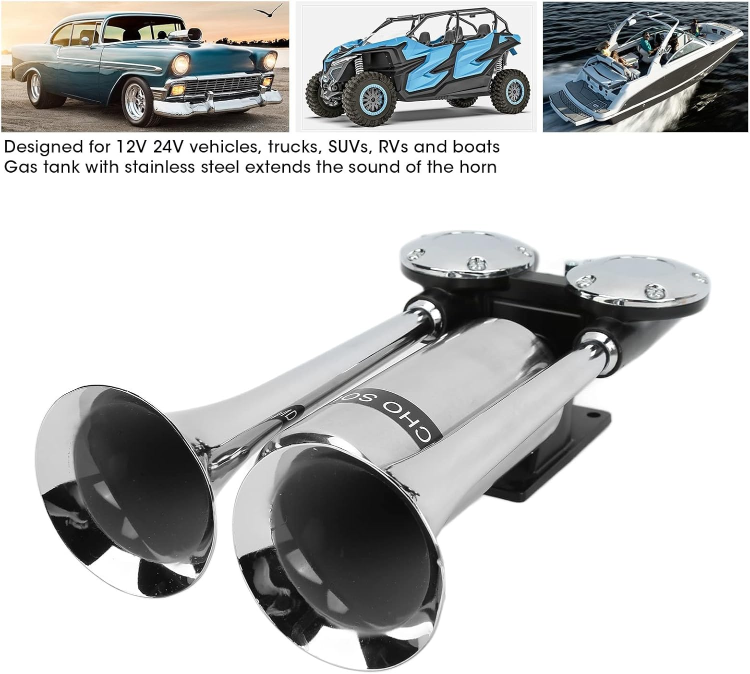 Air Horn, Dual Trumpet Super Loud 300Db Electric Horn Zinc Alloy 0.5Mpa-0.8Mpa Operating Air Pressure Easy to Install Air Train Horn Kit for 12V/24V Vehicles Car Truck Lorry Boat Van Train image number 3