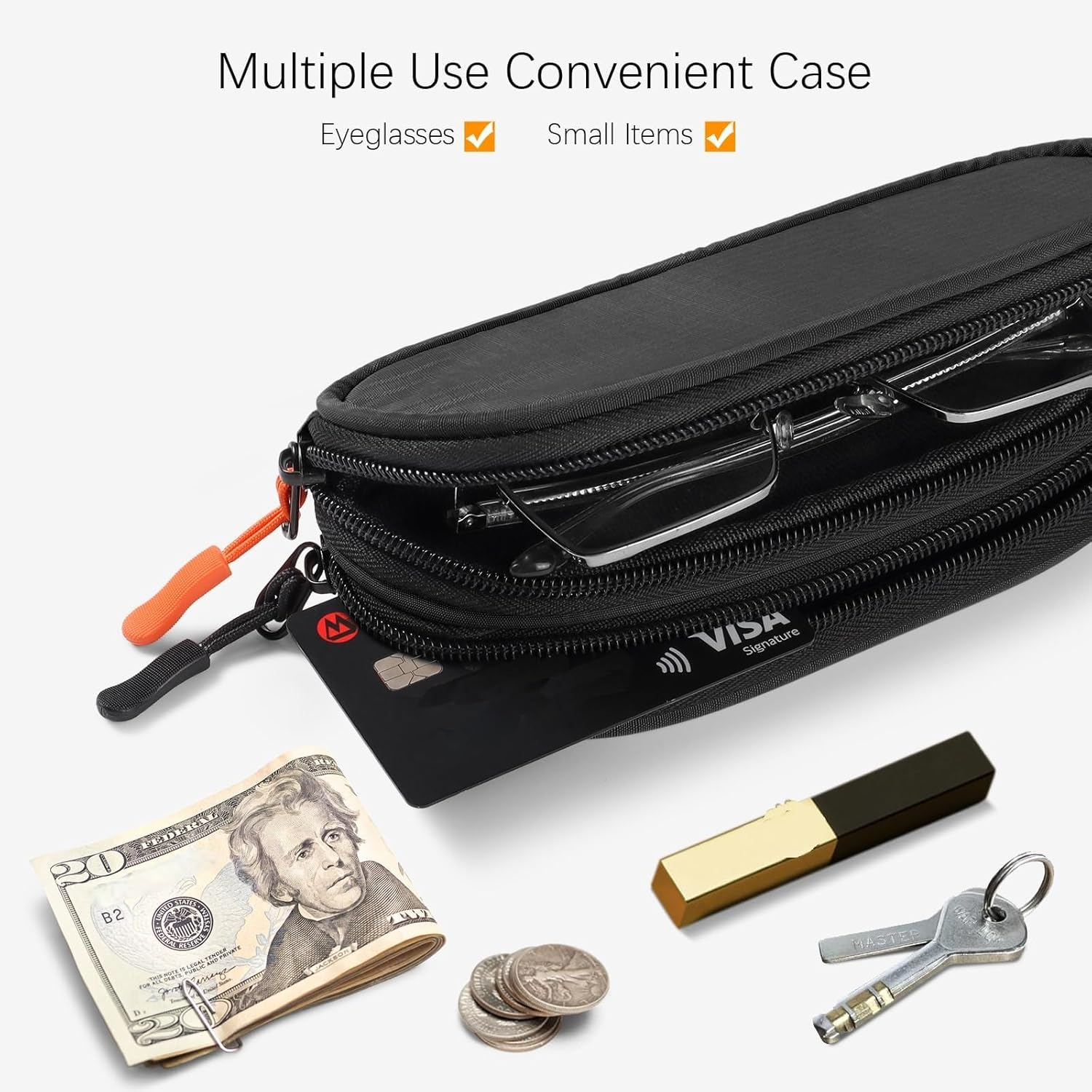 SVNXI Double Eyeglasses Case Soft Portable Zipper Sunglasses Pouch with Keychain Clip for Men Women, Brown Flower - Army Green image number 7