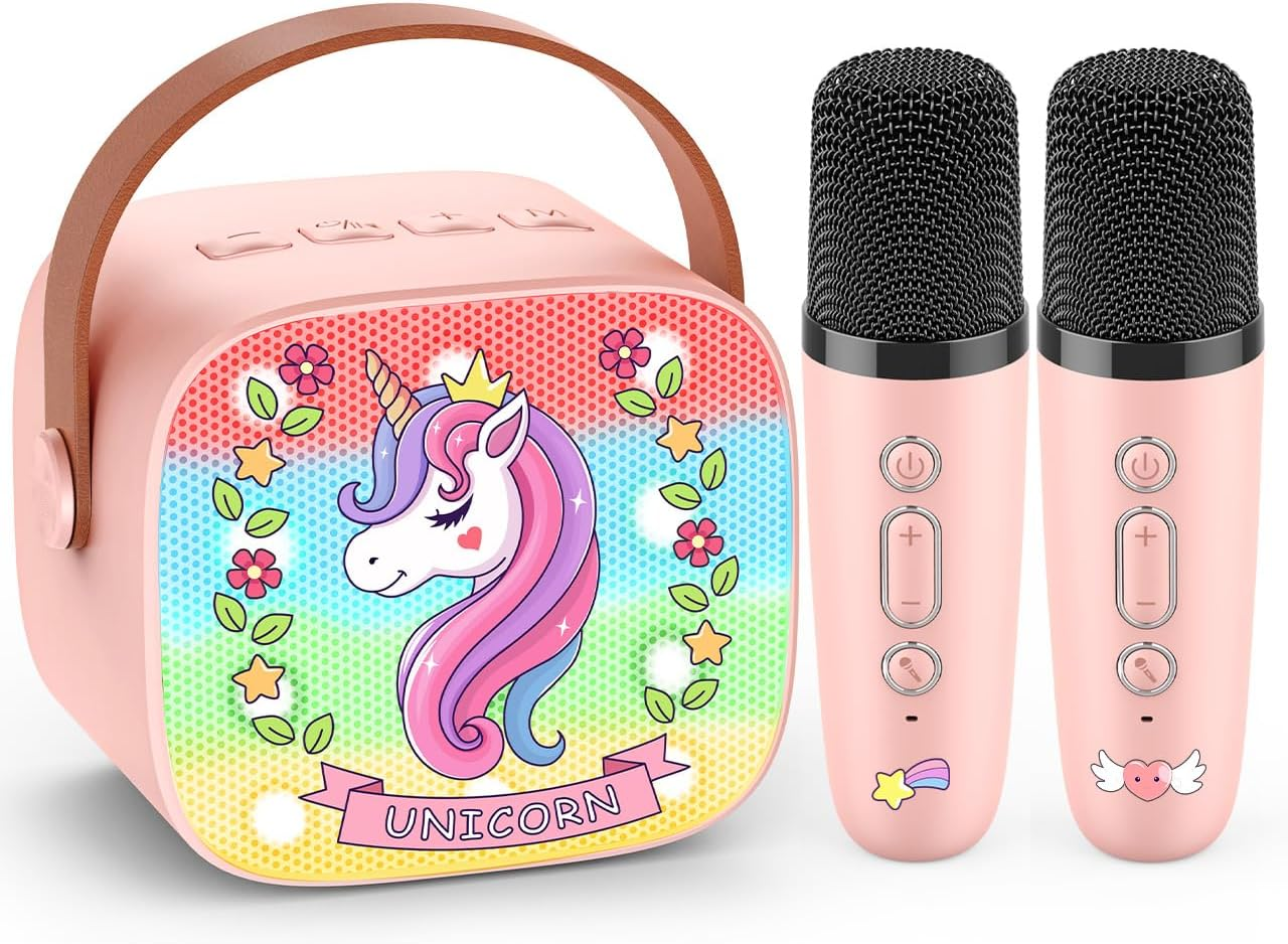 Mini Karaoke Machine for Girls Gifts, Vingtank for 3 4 5 6 7 8 9 Year Old Girl Christmas Birthday Gifts Unicorn Toys Portable Bluetooth Speaker with 2 Wireless Microphone for 3+ Years Girls Teens image number 4