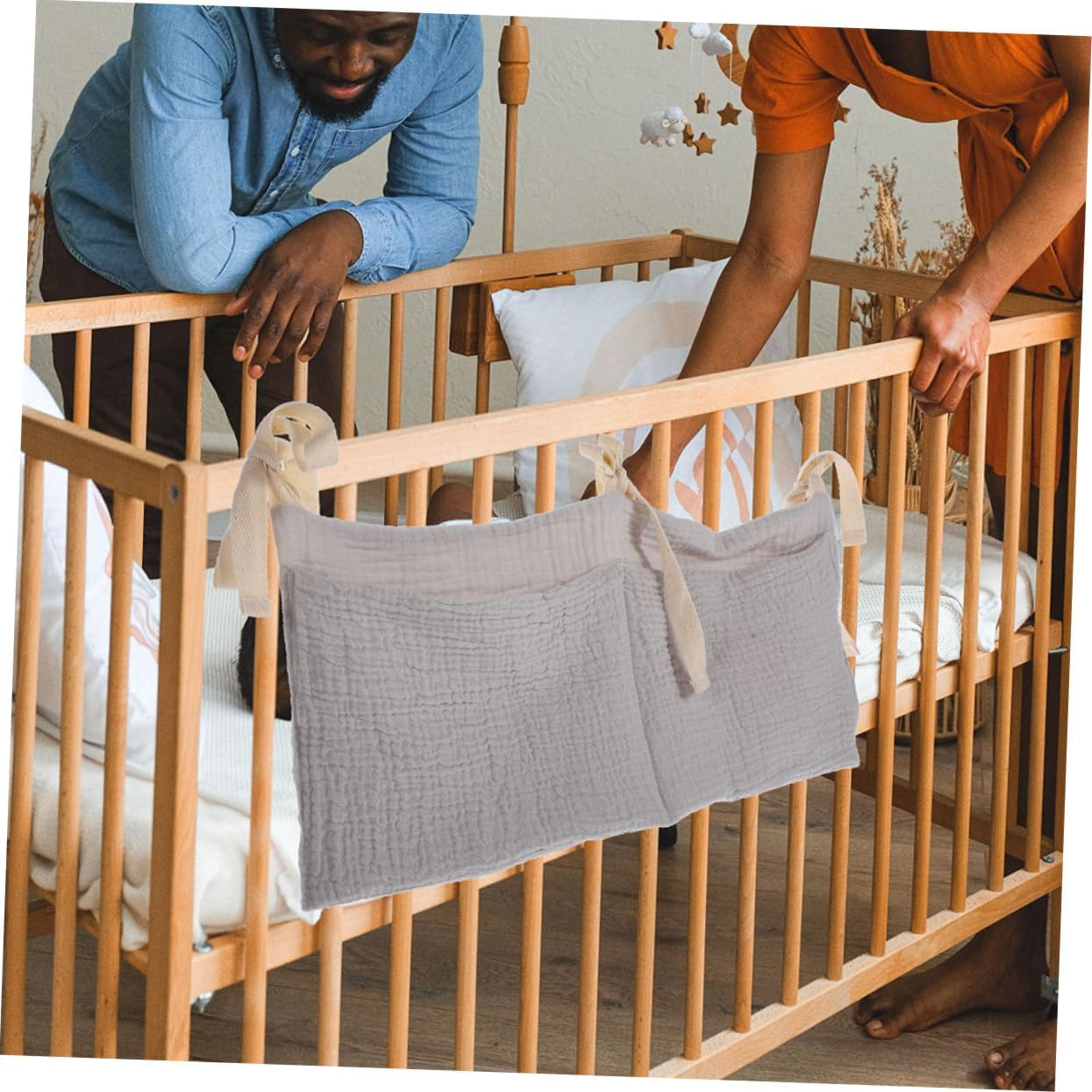 2Pcs Bedside Organizer Soft Cotton Crib Storage Bag with Dual Pockets Care for Efficient Toy and Supply Management Grey image number 5
