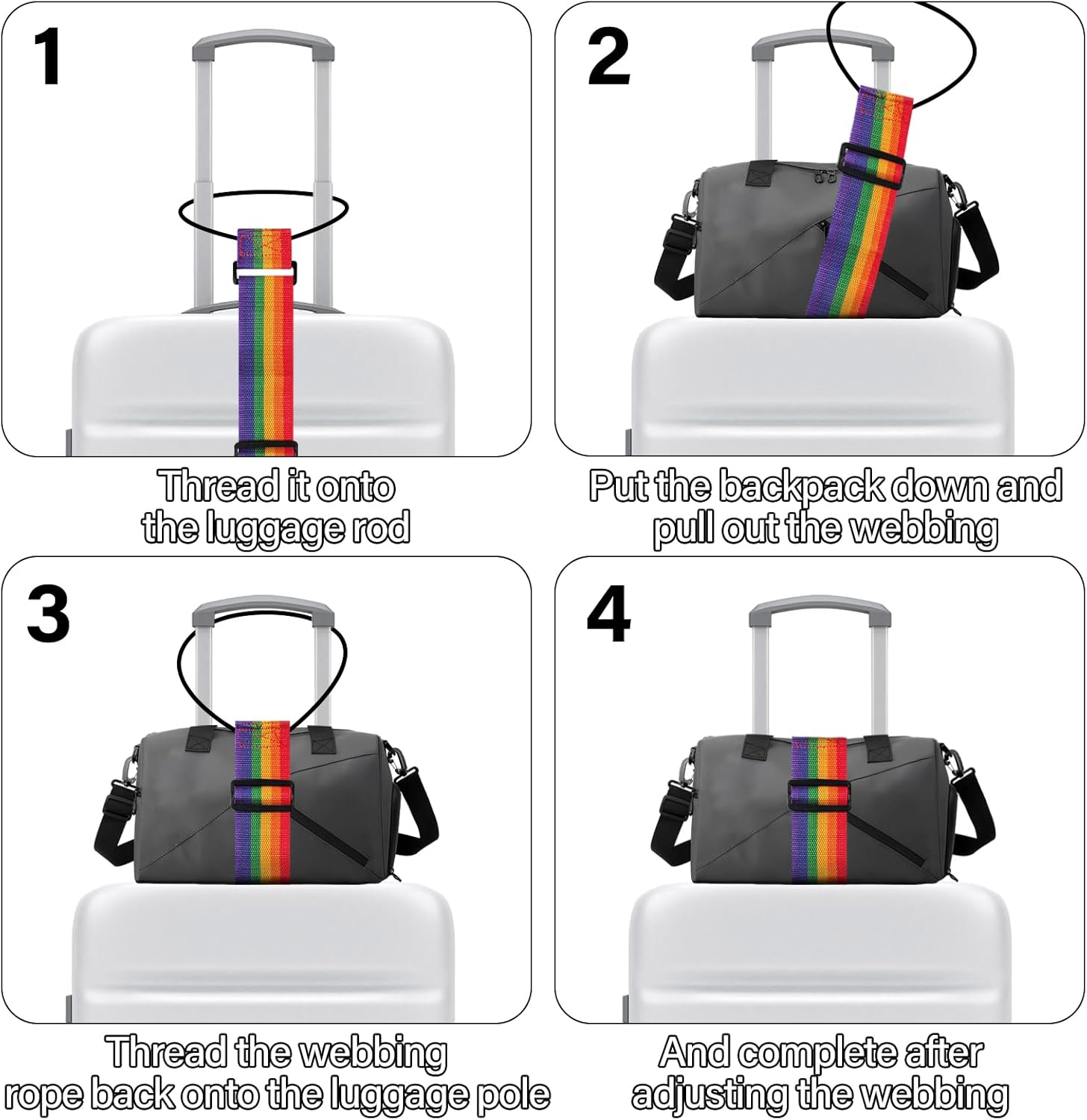 WELANE Bag Fastening Rope, 2 PCS Rainbow Colour Polyester Elastic Adjustable Luggage Straps for Suitcases and Bags image number 3