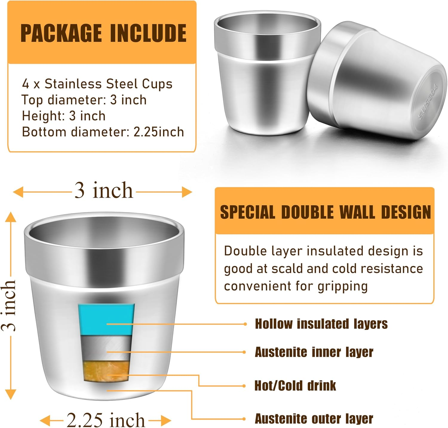 Haware Metal Cups for Toddlers Kids, 6 Ounce Stainless Steel Double Wall Insulated Tumblers, Espresso Cups Mugs, Stackable Drinking Glasses for Party Camping Outdoor, Dishwasher Safe - 4 Packs