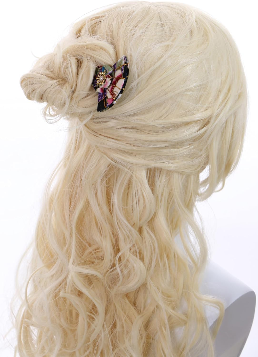 C-121-1 Black Colourful Hair Pin Fan Shape Pin Hair Pin Fabric Flower Sakura Japan Geisha Kimono Accessory