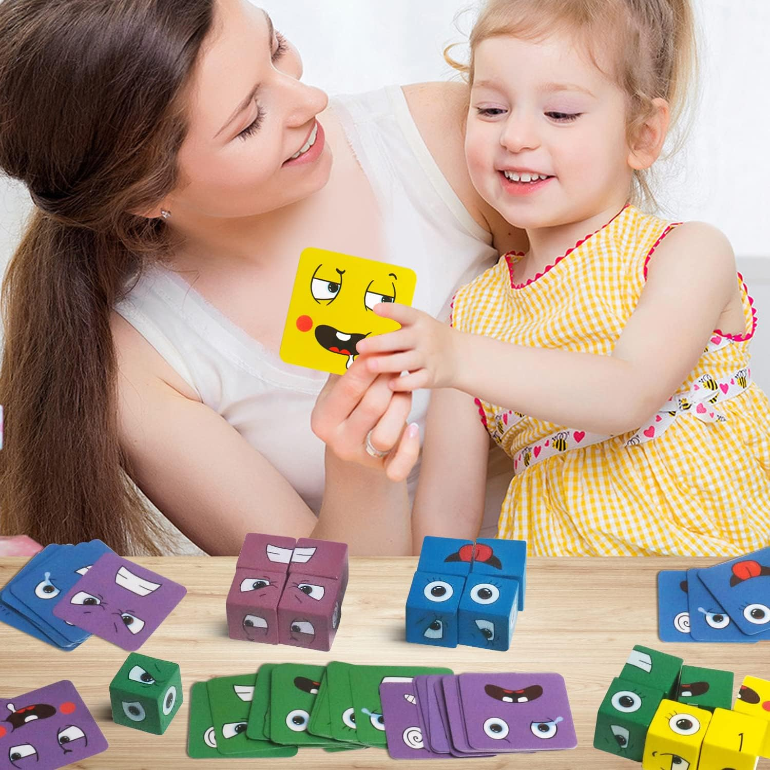 Montessori Wooden Face-Changing Puzzle Blocks - Brain Teaser Building Cube Board Game for Kids Ages 3+ | Educational Matching Toy for Toddlers (Jigsaw Blocks)