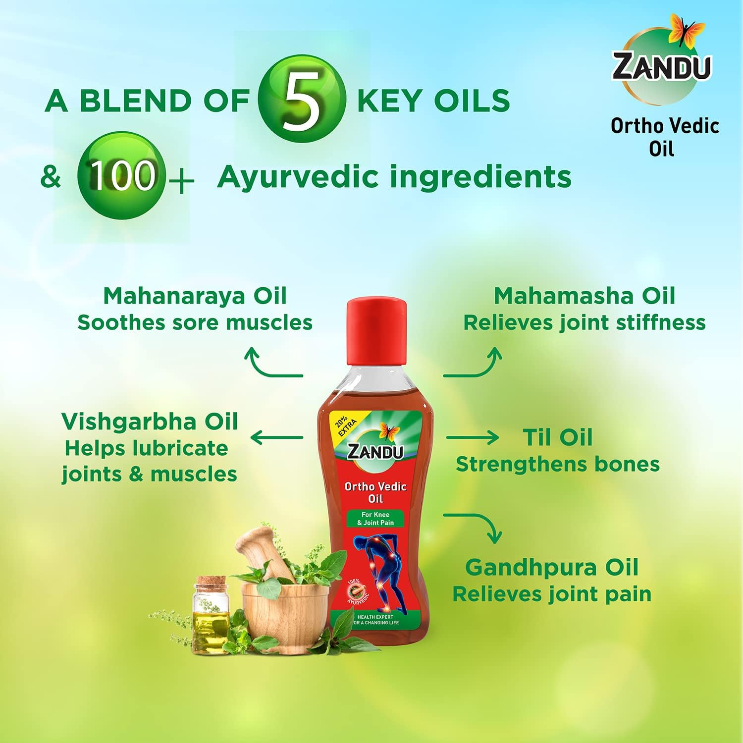Zandu Ortho Vedic Oil | Ayurvedic Oil for Joint Pain, Muscle Pain, Osteoarthritis | Visible Improvement in 7 Days, 100Ml+20Ml Extra image number 3