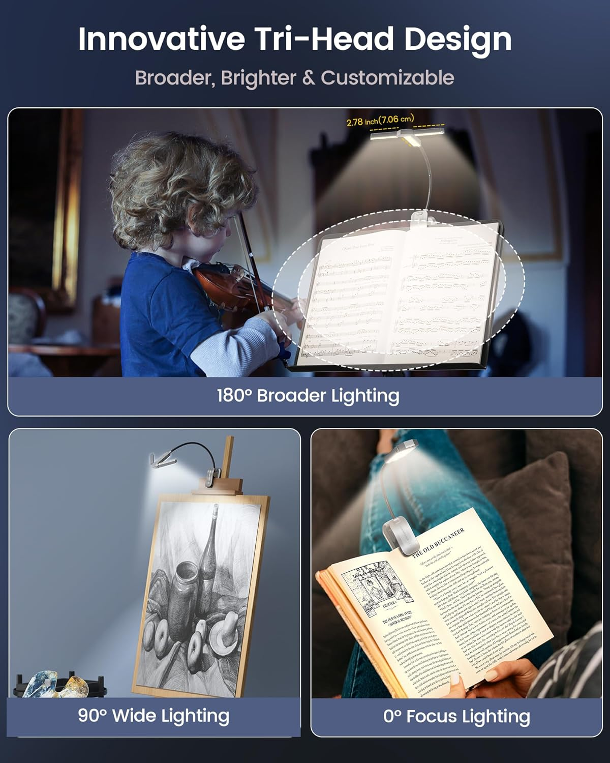 Glocusent Innovative Tri-Head Book Light for Reading in Bed, 3 Colors & 5 Brightness Levels, 1000Mah Rechargeable Reading Light with 30-Min Timer, 10-100Hrs, Partner Friendly, Perfect for Book Lovers image number 5