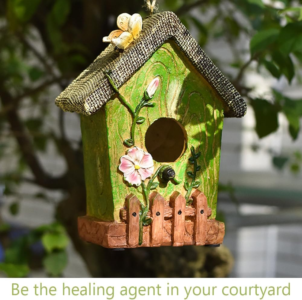 Birdhouse Decoration,Hanging Bird House,Bird Nest Box,Resin Animal House, for Garden, Courtyard, and Outdoor Decor,With Ladybug and Butterfly Statue for Yard Porch Decoration,Green