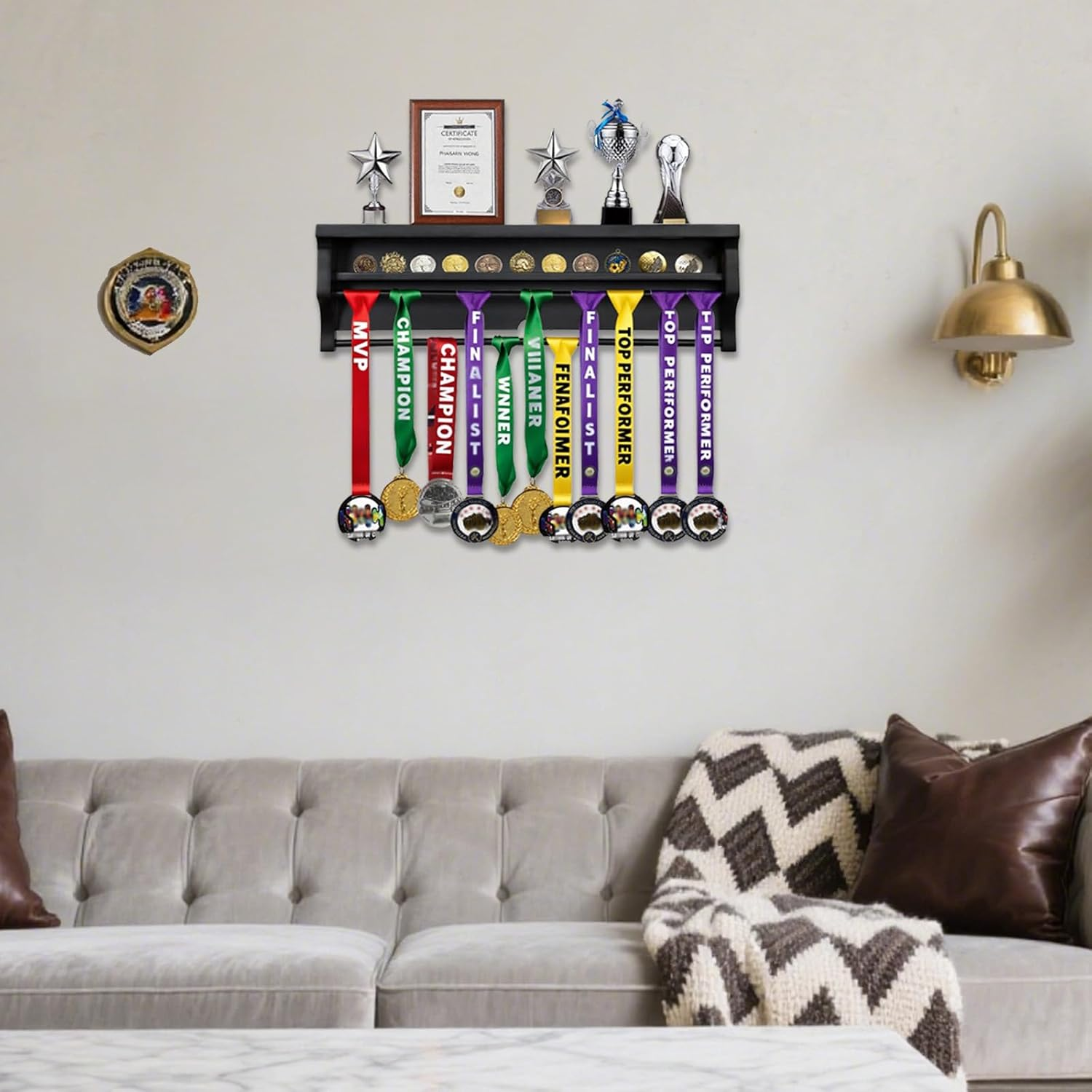 Solid Wood Medal Hanger Display, Wall - Mounted Holder for Sports Achievements Gymnastics, Soccer with Bib Board for Marathon Keepsakes image number 4