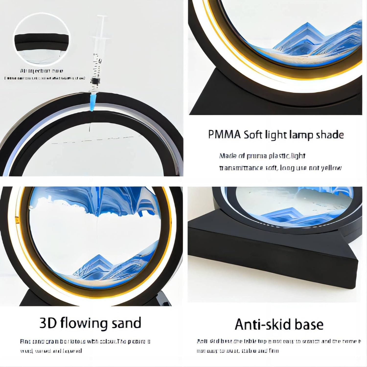 Yinhamnl Moving Sand Art Picture with Light, 3D Hourglass Deep Sea Sandscape Table Lamp, 360&deg; Rotatable Quicksand Decor Picture round Glass Creative Sand Painting Lamp,Life Home Desktop Decor(Blue) - Gold image number 6