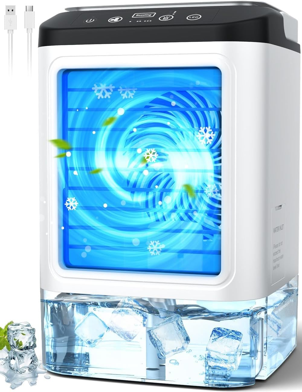 4-IN-1 Portable Air Conditioner, 3 Speeds & 2 Spray Modes, Boosting Mode, 900ML Tank, 25Db Portable Air Cooler,Humidifier, Cooling Fan,7 Night Lights, Mini Evaporative Air Cooler for Room Home