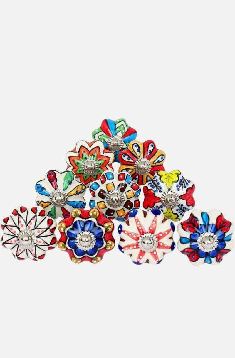 ATCUSA Vintage Multi Designed Decorative Ceramic Cupboard Kitchen Cabinet Door Knobs Bathroom Dresser Almirah Drawer Pulls Retro Handles Boho Classical Glazed Hardware (White Gold New - Pack of 6) image number 1