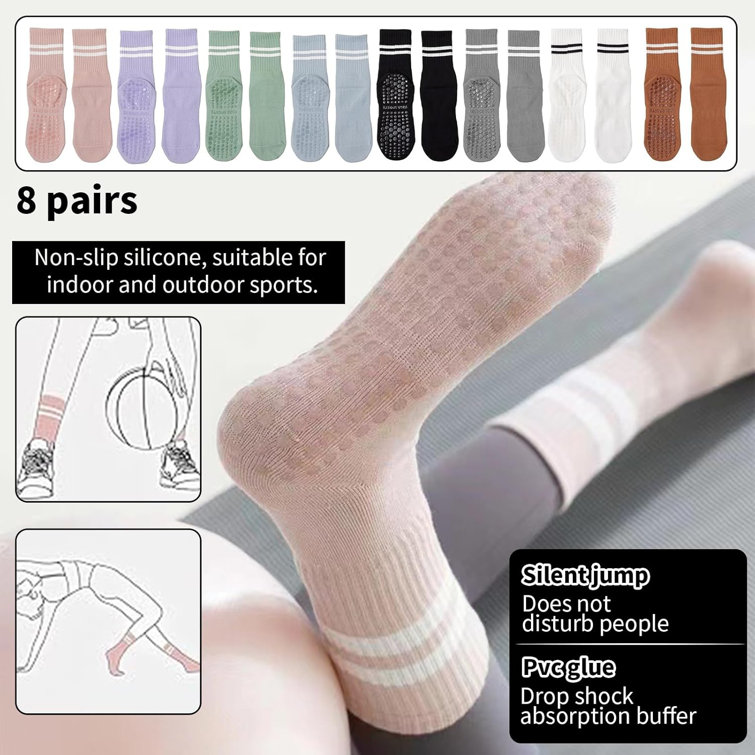 8 Pairs Variously Colored Yoga Socks with Grips Pilates Workout Socks Ballet Dance Socks Crew Socks Silent Socks Professional Non-Slip Floor Socks Shock Absorption Cushioning Socks for Men Women image number 6
