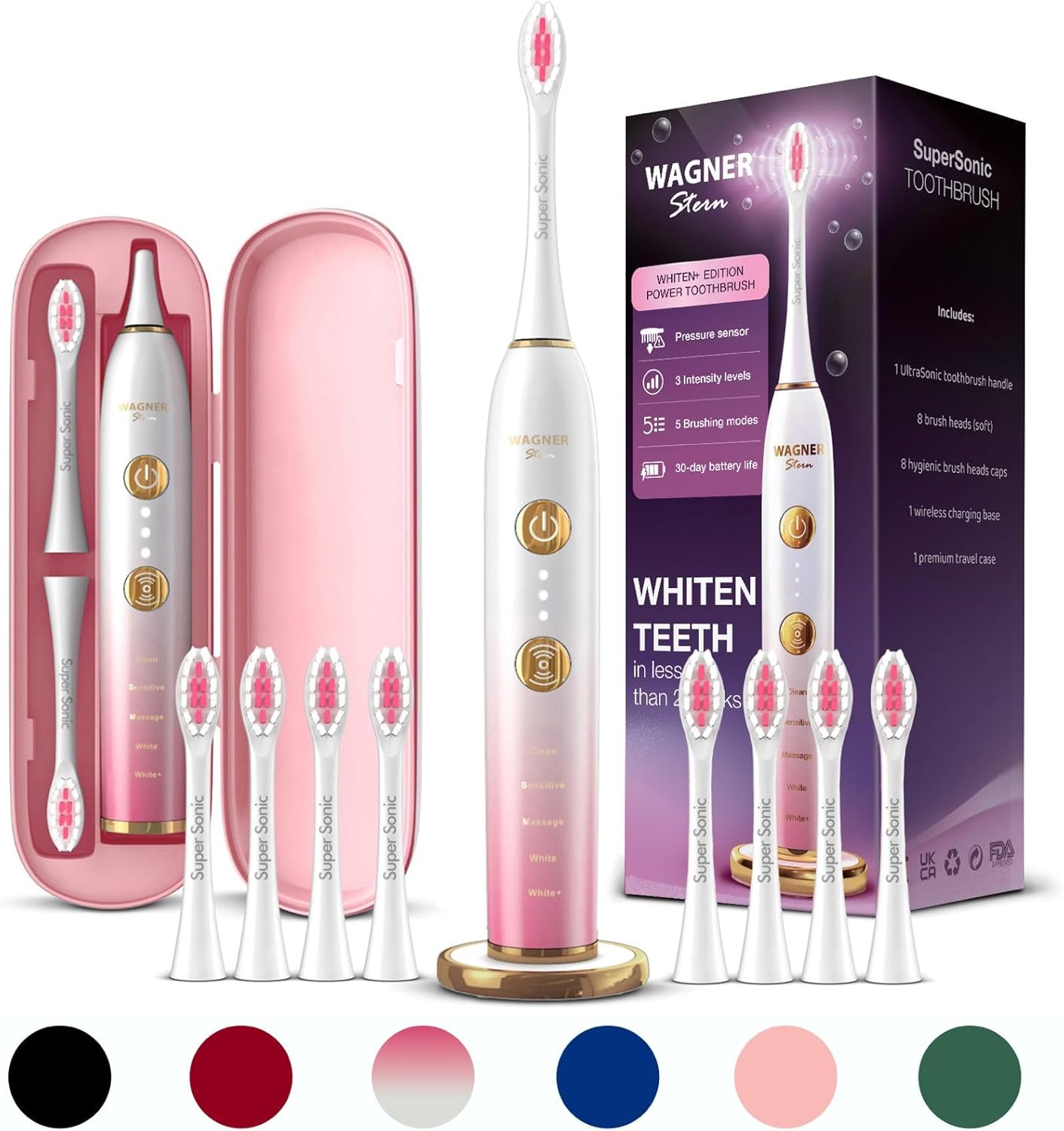 Wagner Stern WHITEN+ Edition. Whitening Electric Toothbrush with Pressure Sensor. Offers 5 Brushing Modes, 3 Intensities, 8 Soft Brush Heads, and a Luxury Travel Case.
