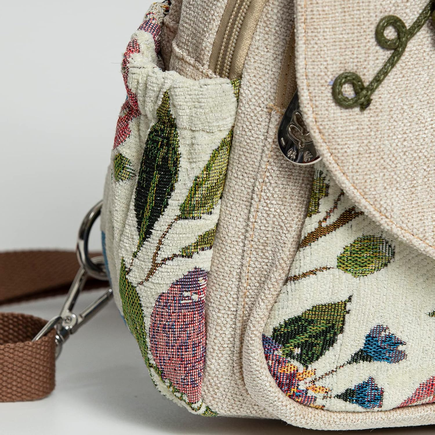 LOZENY Casual Canvas Backpack，Cotton Woven，Versatile Hand-Woven Cotton Linen Bag Small Shoulder Small Fresh Light Fashion Lightweight Cloth Leisure Art Backpack, Green Mist, Small, Handmade Art image number 4