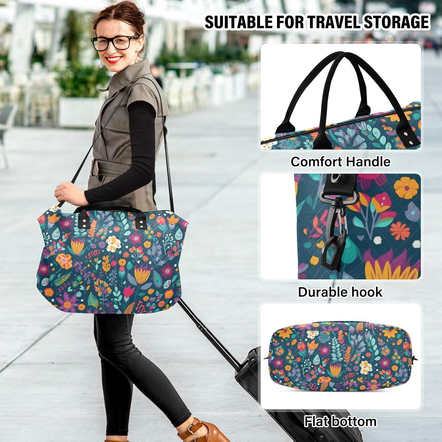 Large Bag Overnight Carry on Tote and Luggage Vintage Blue Colorful Floral Gym Duffel Bag with Adjustable Strap, Vintage Blue Colorful Floral, Set of 2, Art Deco image number 1