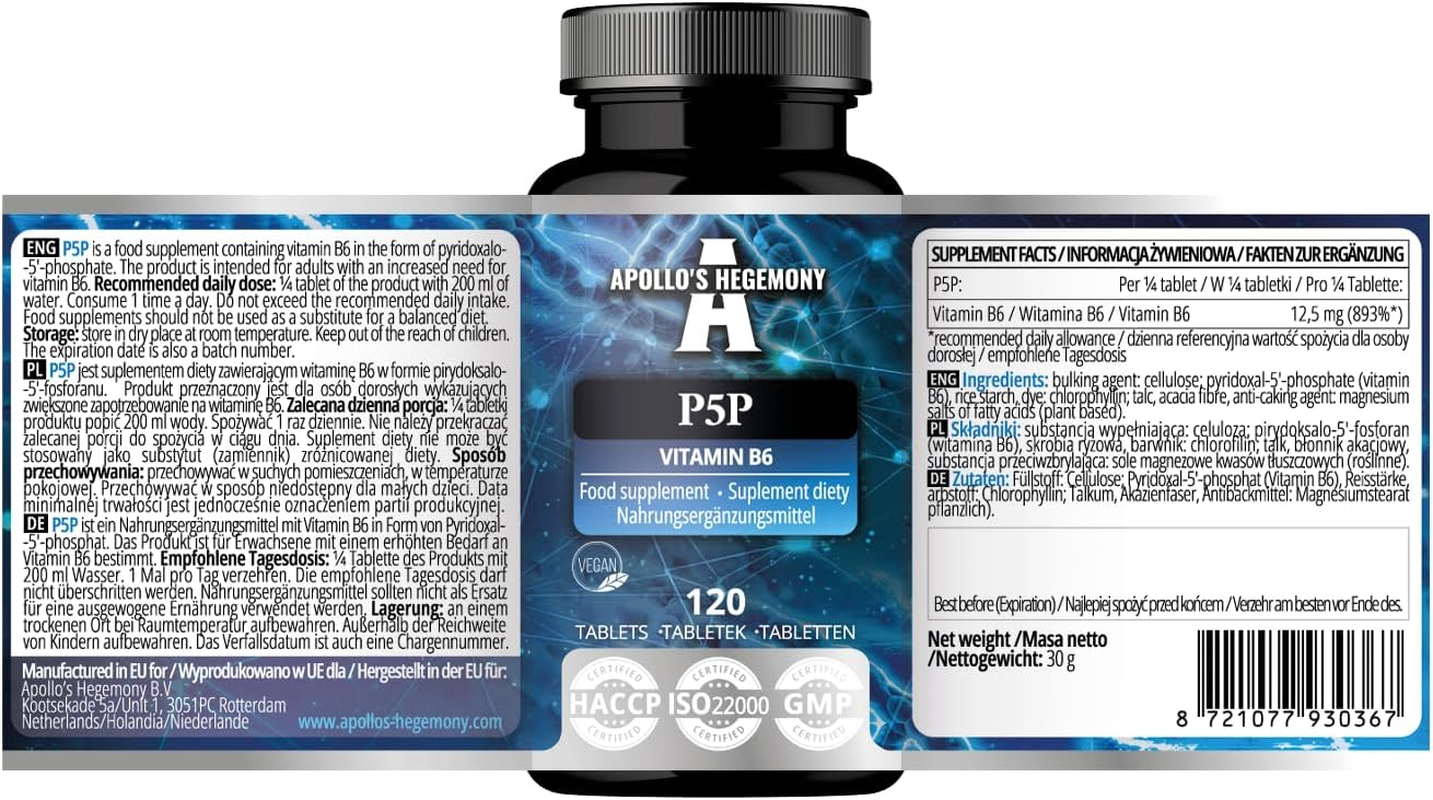 Pyridoxal-5-Phosphate (P-5-P) 50 Mg per Tablet - 120 Vegan Tablets - Supply for 480 Servings - Supports Nerve and Psychological Functions -Vitamin B6 Diet Supplement - by Apollo'S Hegemony image number 2