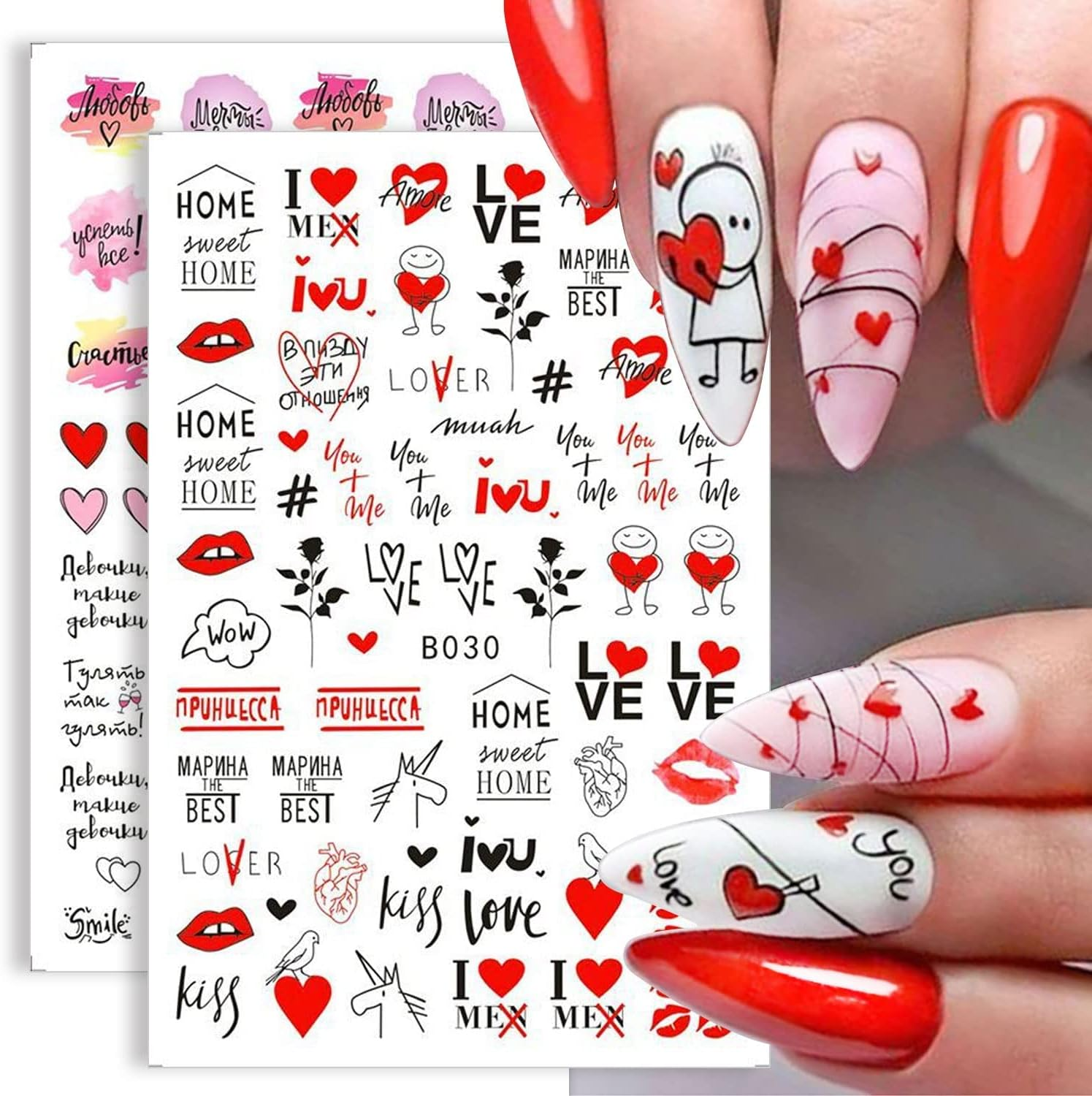 12 Sheets Valentine'S Day Nail Art Stickers Decal 3D Heart Nail Decals Self-Adhesive Red Sexy Lips Love Rose Kiss Angel Letter DIY Nail Design Sticker Nail Supplies Manicure Decoration for Women Girls