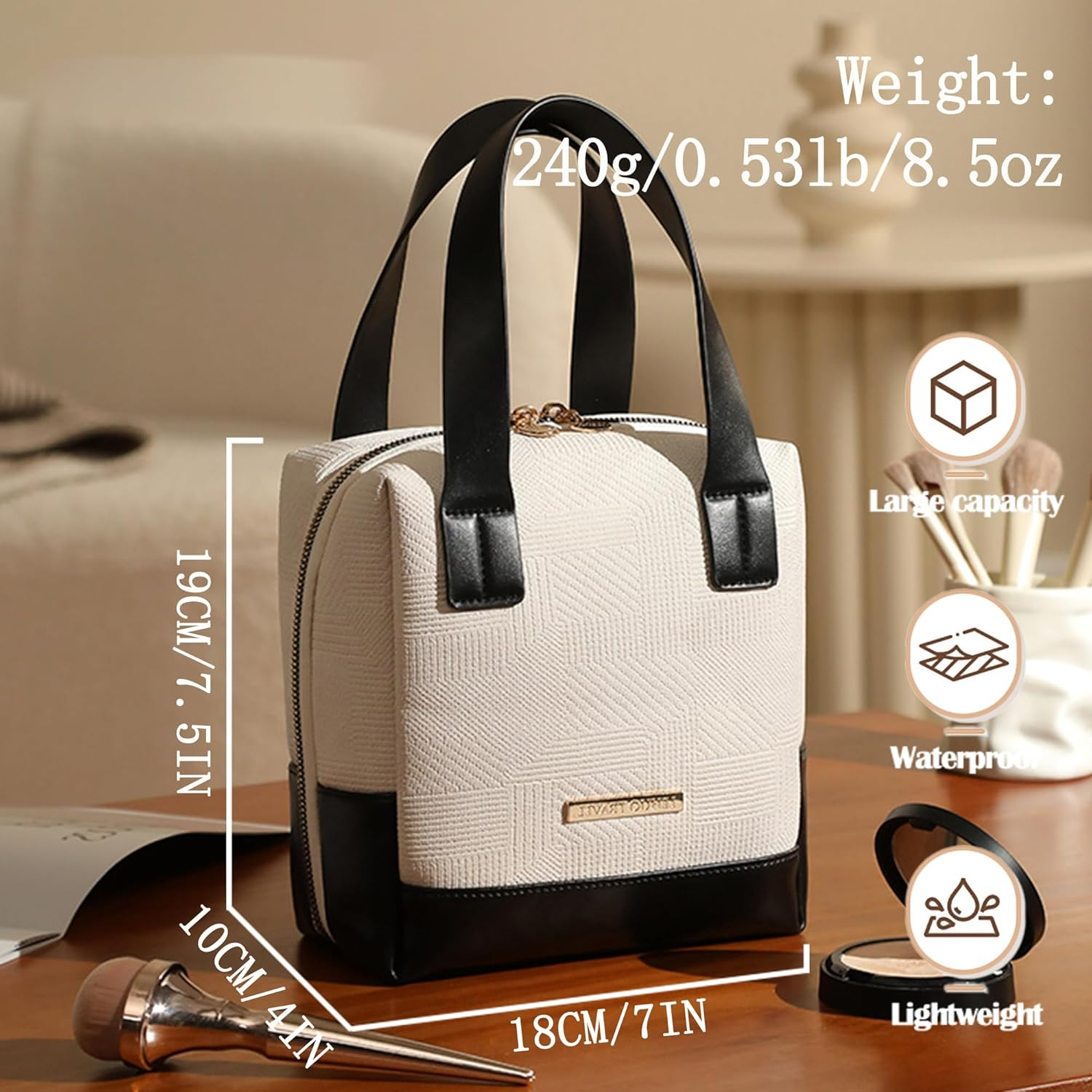 Sugar Cube Shaped Makeup Bag for Women Girls Travel - Waterproof PU Leather Cosmetic Organizer with Zipper/Wide Open Design/Toiletry Bag/Makeup Brushes&Nail Polish Storage（Embossed Texture） image number 1