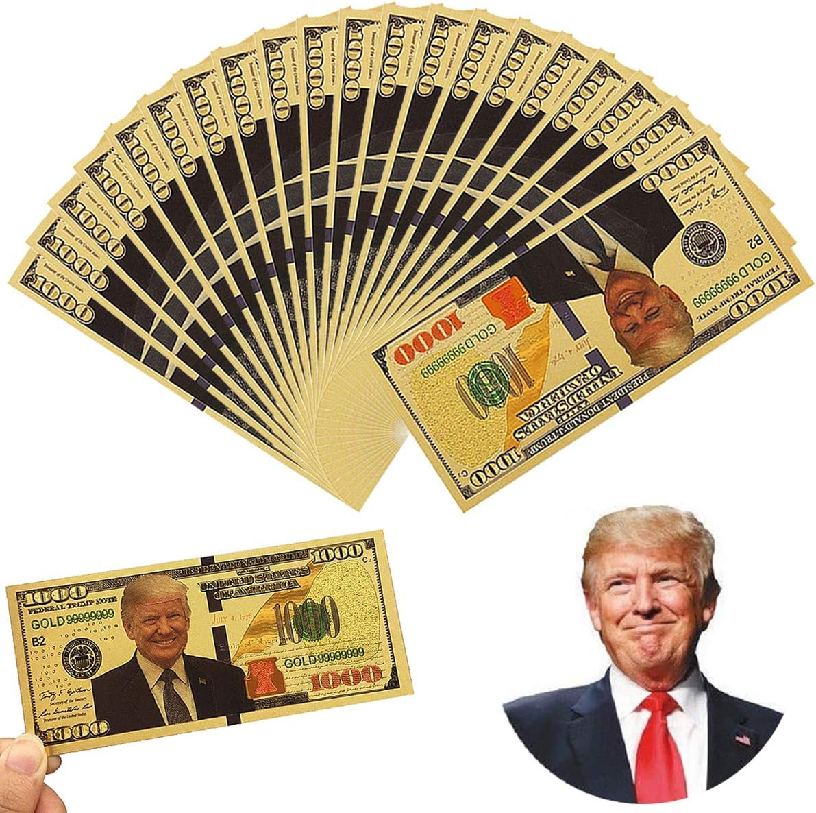 Partyyeah Donald Trump 1000 Dollar Bill Banknote, One Thousand 24K Gold Coated Donald Trump Legacy Limited Edition Million Dollar Bill Great Coin Currency Collectors and Republican (50 Pack) image number 3