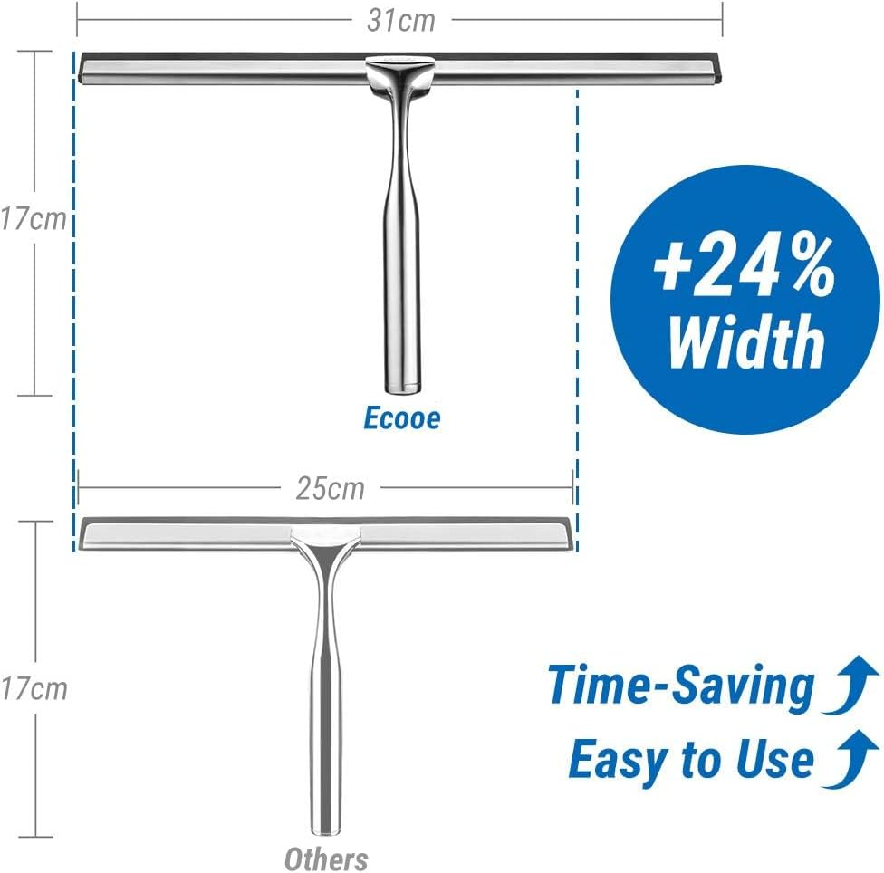 Ecooe Stainless Steel Shower Squeegee with Hook, 12 Inches Shower Glass Cleaner Squeegee Wiper Scraper with 2 Replacement Squeegee Blade, Window Squeegee for Home Bathroom Kitchen Car Glass Doors image number 4