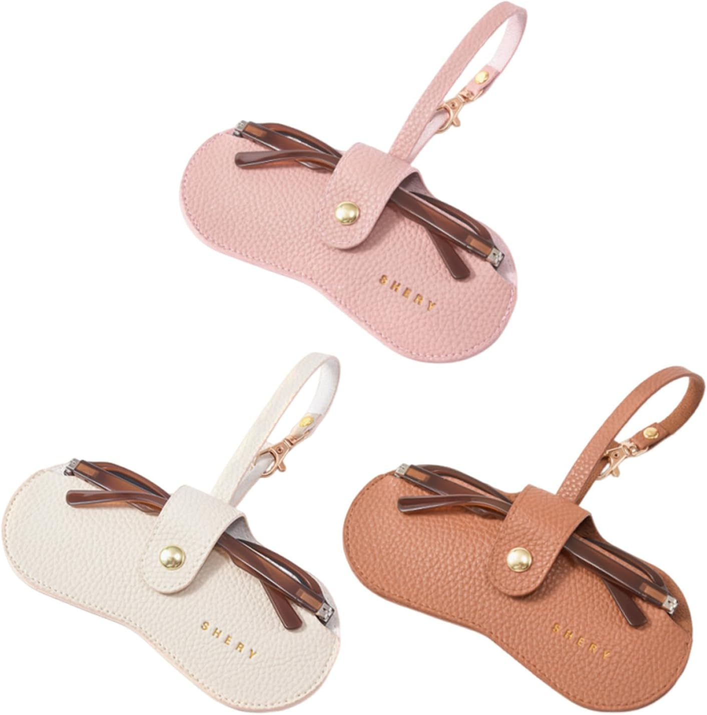 3 Pack Soft Leather Sunglasses Bag, Portable Eyeglass Case Holder Slim Glasses Pouch with Button Clip Wrist Strap, Eyewear Sleeve for Women Men (Beige, Pink, Brown) image number 2