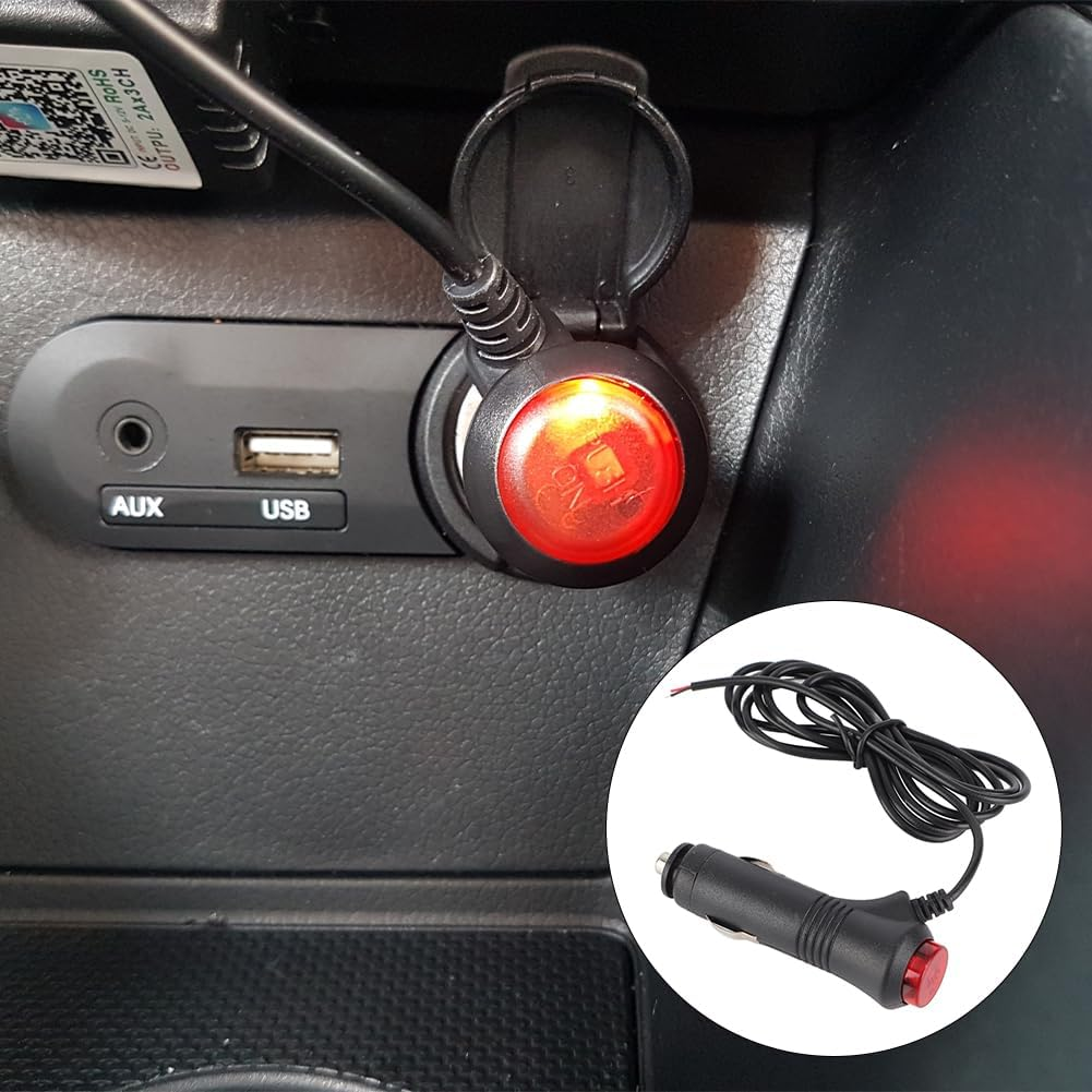12V Car Cigarette Lighter Plug, Universal Cigarette Lighter Power Cable Adapter with LED Switch Button Male Plug Extension Cord Outlet Extender Connector Supply for Inverter Motorbike Motorcycle image number 3