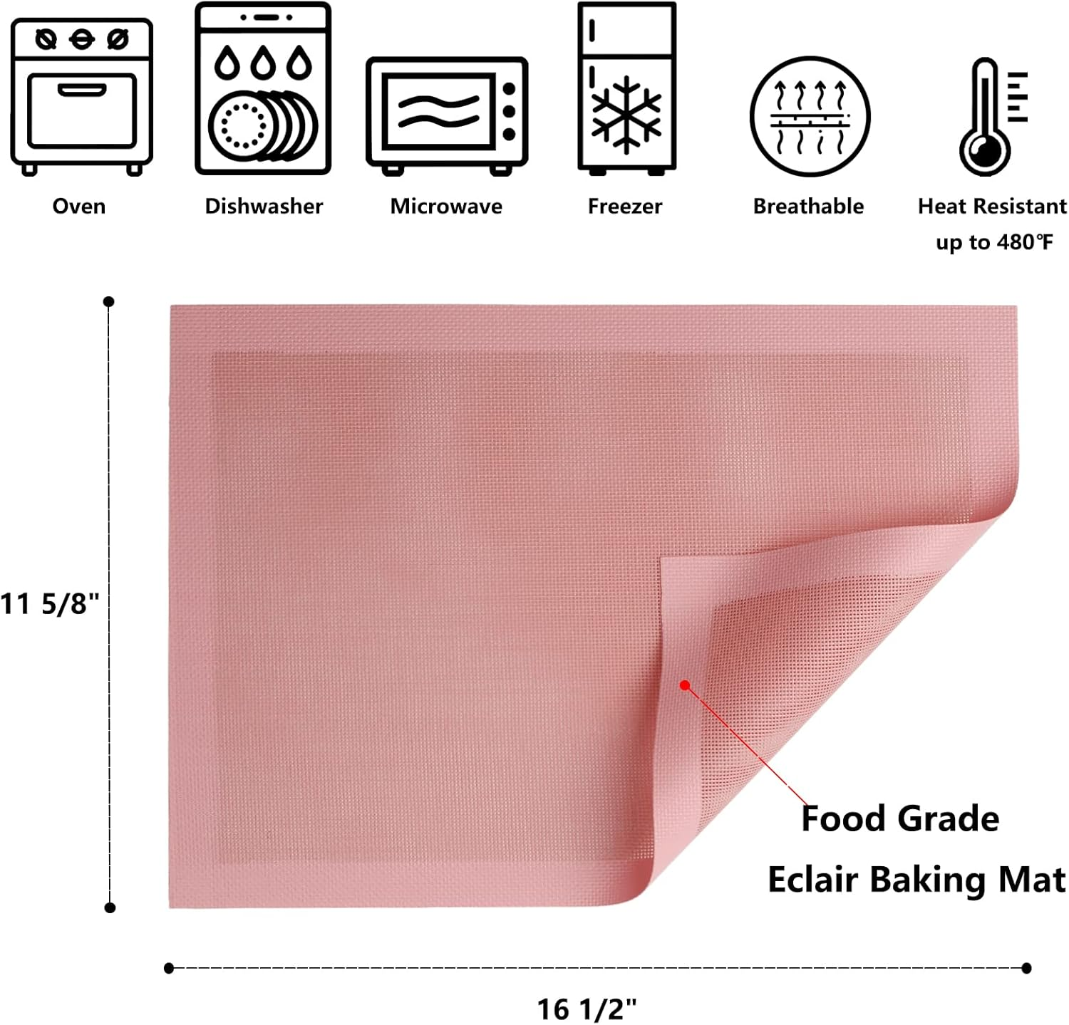 Perforated Baking Mats, 2 PCS Pink Eclair Silicone Mat for Half Sheet, Non-Stick Reusable Oven Liners for Making Bread/Pizza/Pastry/Cookie 11 5/8" X 16 1/2", Sakura Pink image number 6