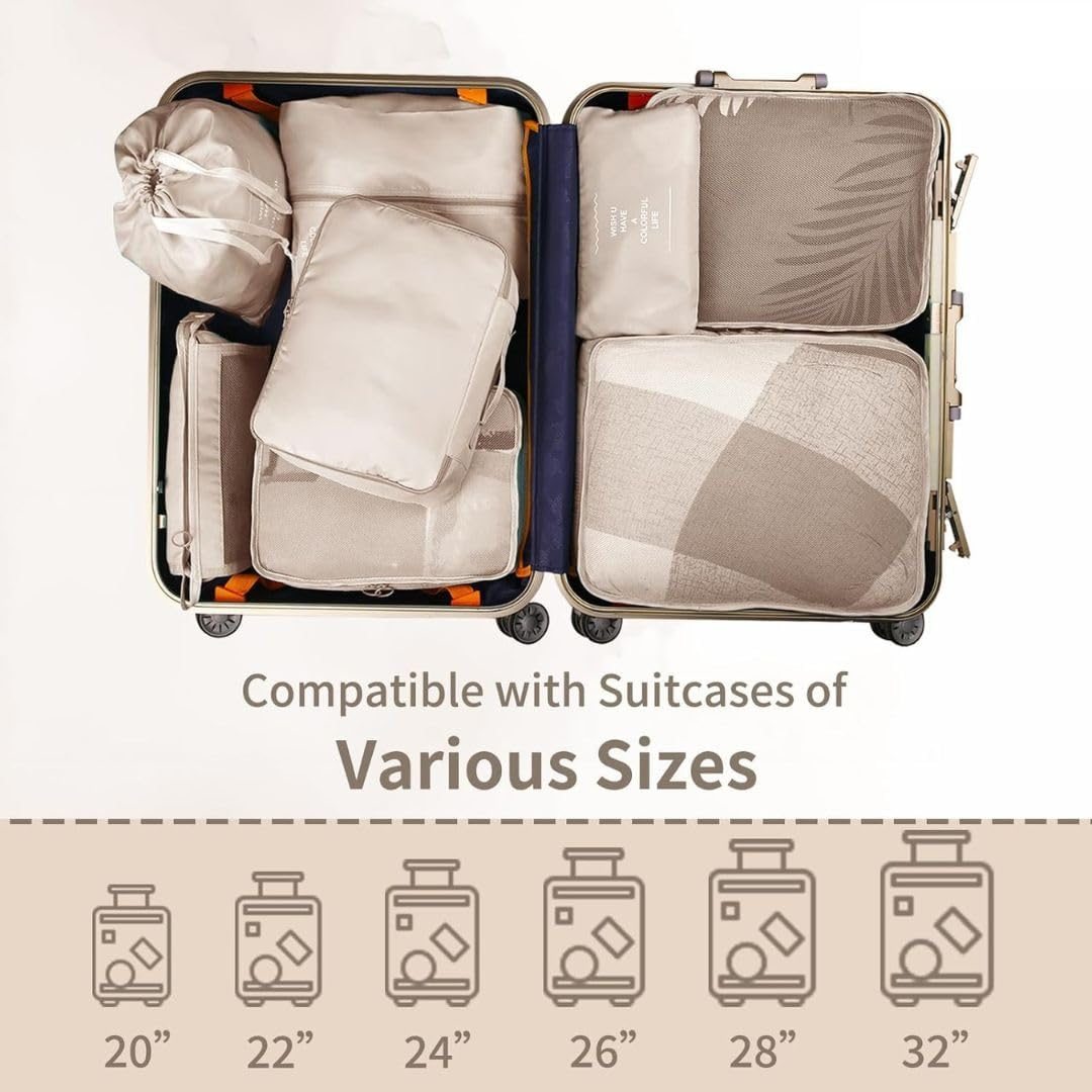 My Corgi Living 8-Piece Cube Travel Luggage Organizer Set - Efficient Luggage Separators & Travel Storage Cubes with Toiletry Makeup Bag, Shoe Bag - Perfect for Families, Men & Women (Beige) image number 1