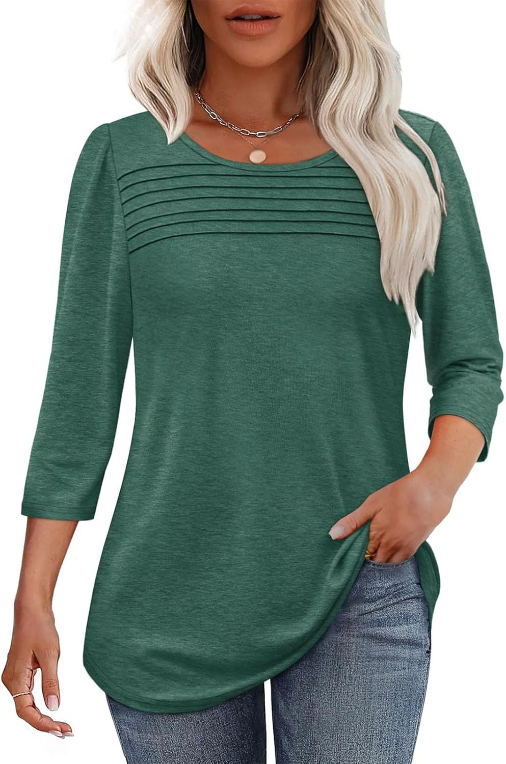 2025 Women'S 3/4 Length Sleeve Top Pleated Front T-Shirt, Curved Hem Casual Shirt for Work & Weekend,Dressy Casual for Women'S image number 6