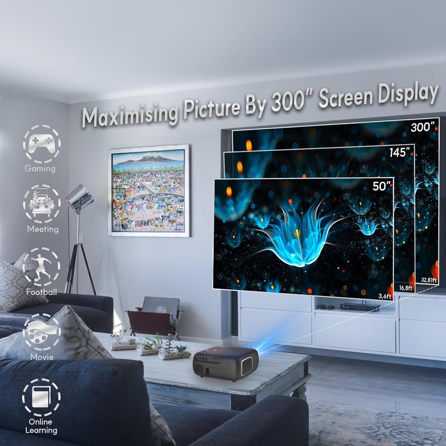 Alliums Projector AUTO Focus AUTO Keystone Portable Native 1080P Full HD, 4K Support, 16000 Lumens, 10W Hi-Fi Speakers, 300 Inch Display, 5G/2.4G Wi-Fi, 5.2 Bluetooth, Home Theater & Gaming Black image number 2