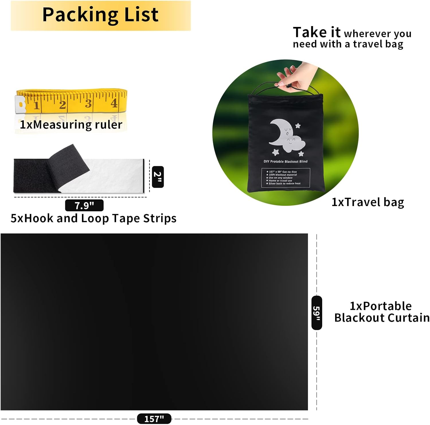 VANTEN 2024 Upgraded Blackout Curtains, 157" X 59" Blackout Shades, 100% Blackout Window Cover with Strong Hook and Loop Tapes, Temporary Blackout Blinds for Baby Nursery, Bedroom, Travel, Cars - Black  Star image number 7