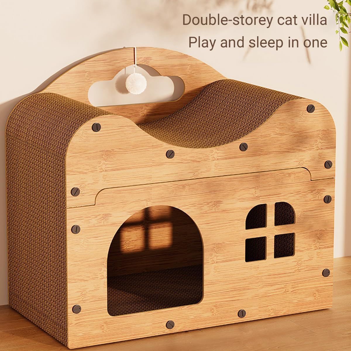 AIMALL Wooden Cat Scratching House with Vertical Sofa Design &ndash; Dual-Layer Cat Nest for Sleeping & Playing, Corrugated Board, Natural Sisal, No Scrap, 17.7X20X10.6In image number 2