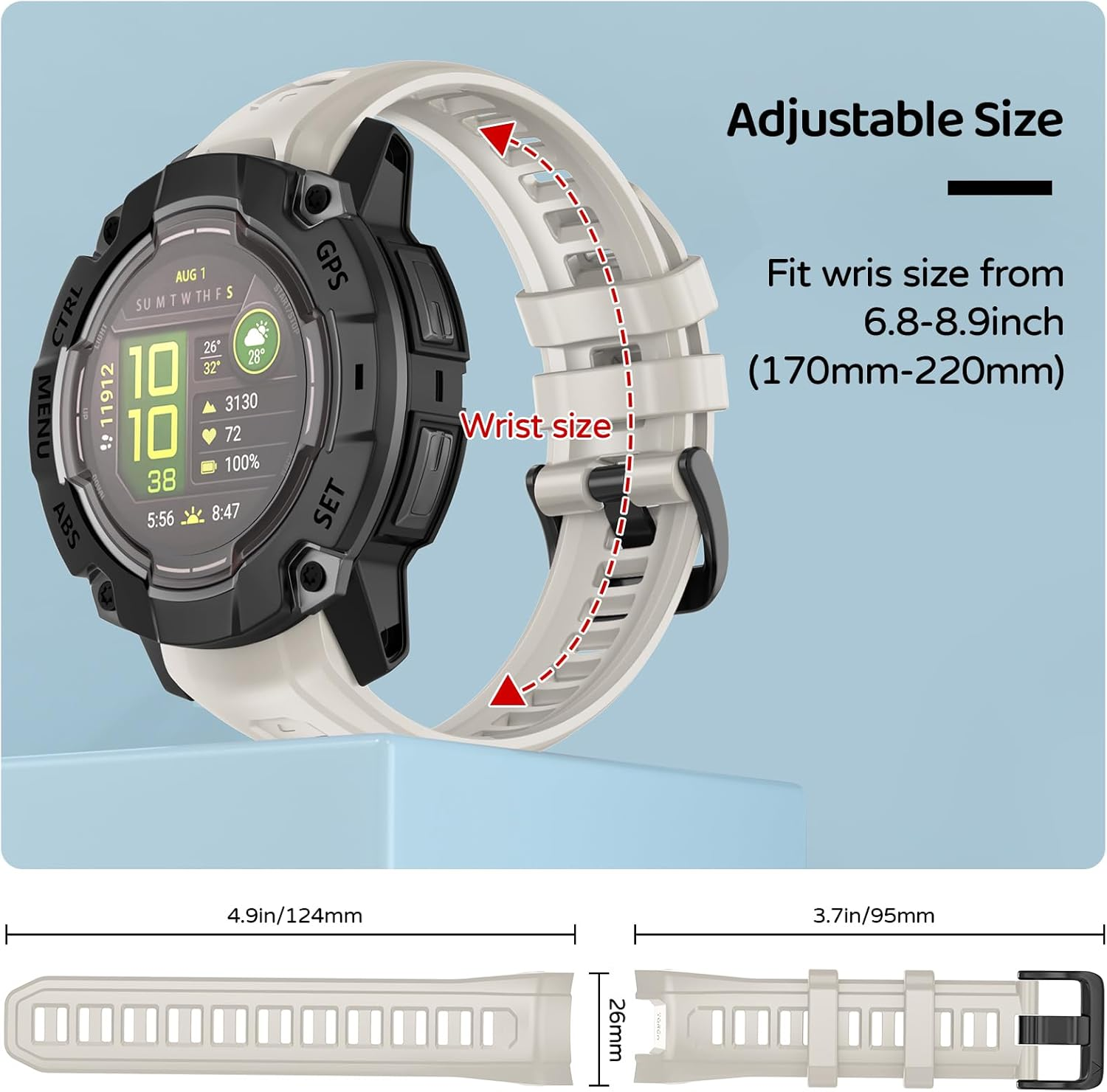 Strap for Garmin Instinct 3 50 Mm/Instinct 2X, 26 Mm Silicone Replacement Strap - Cangshan Green image number 4