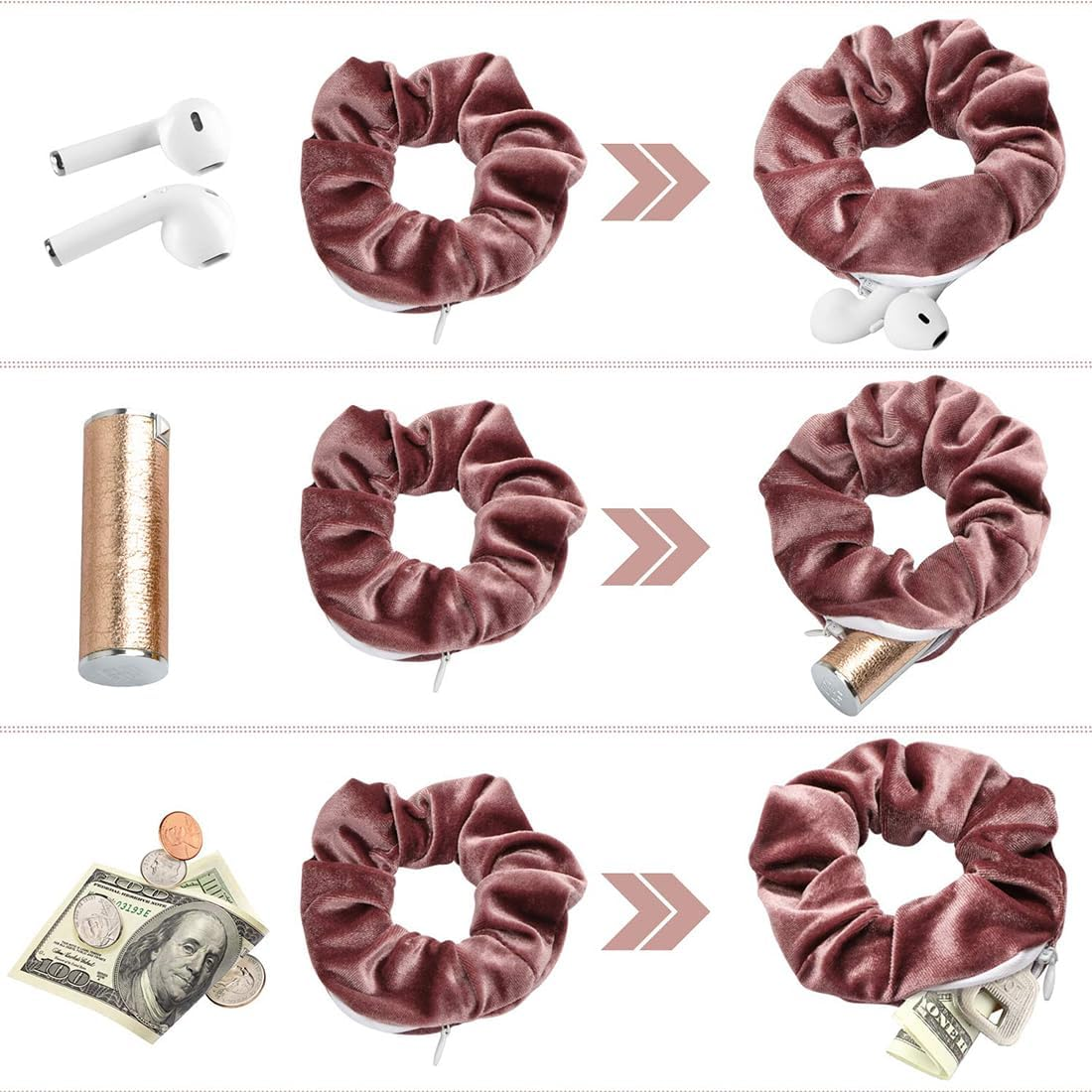 WERIGONI Pack of 3 Women'S Hair Bobbles with Zip, Elastic Hair Bobbles with Hidden Zip Pocket, Secret Compartment, Scrunchie