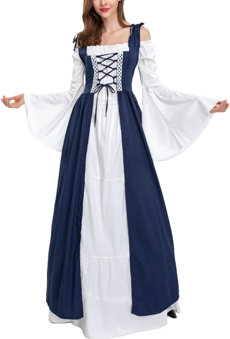 AUTOWT Renaissance Costumes for Women, Fairy Gothic Gown Chemise Peasant over Dresses, Medieval Irish over Dress, Trumpet Long Sleeve Chemise Boho Outfit for Halloween Cosplay Party Lady Maxi