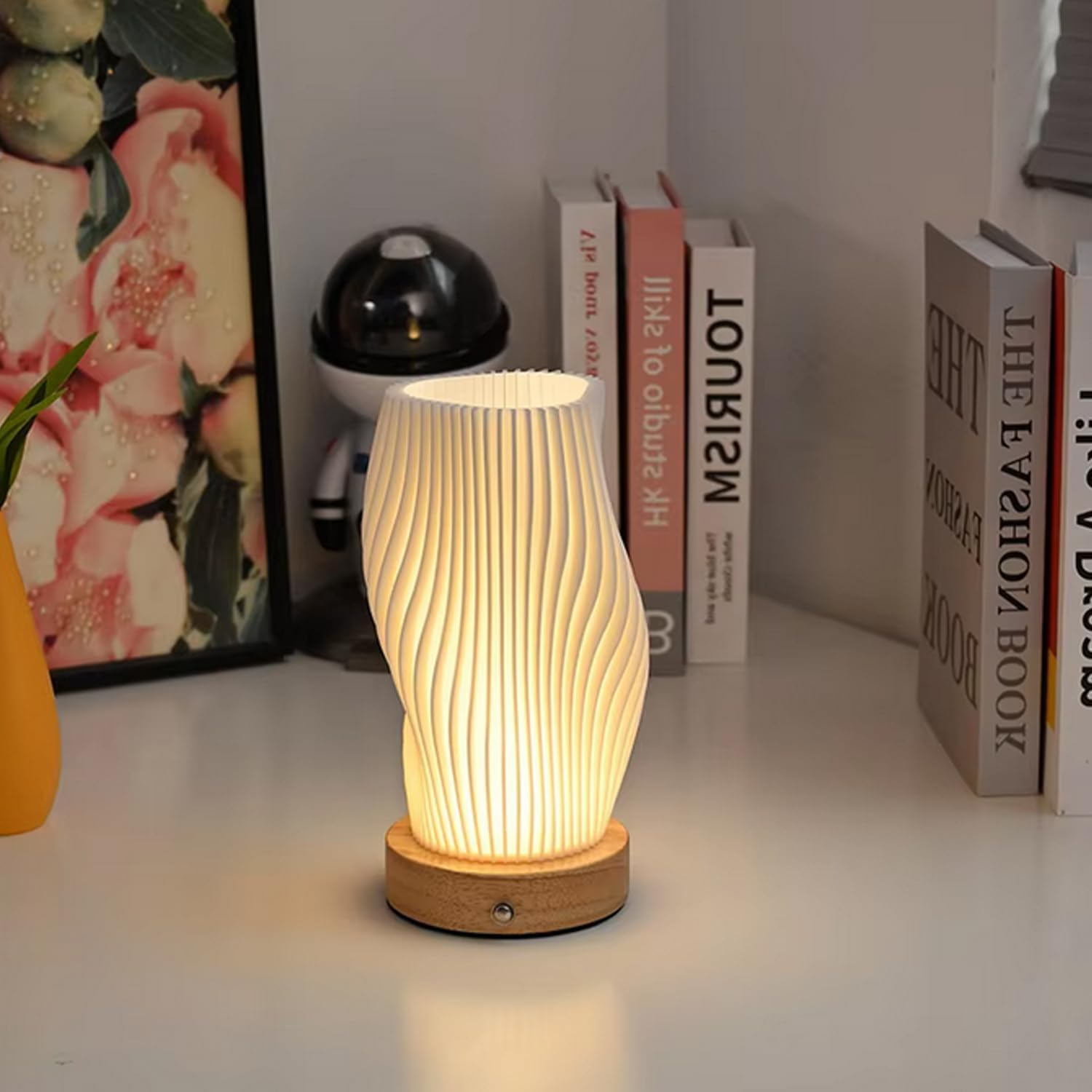Table Bedside Lamp with Woodbase, Button Control Night Light for Bedroom, Dimmable Nightstand Lamp with PLA Lampshade for Living Room, Kids Room, College Dorm, Office image number 5