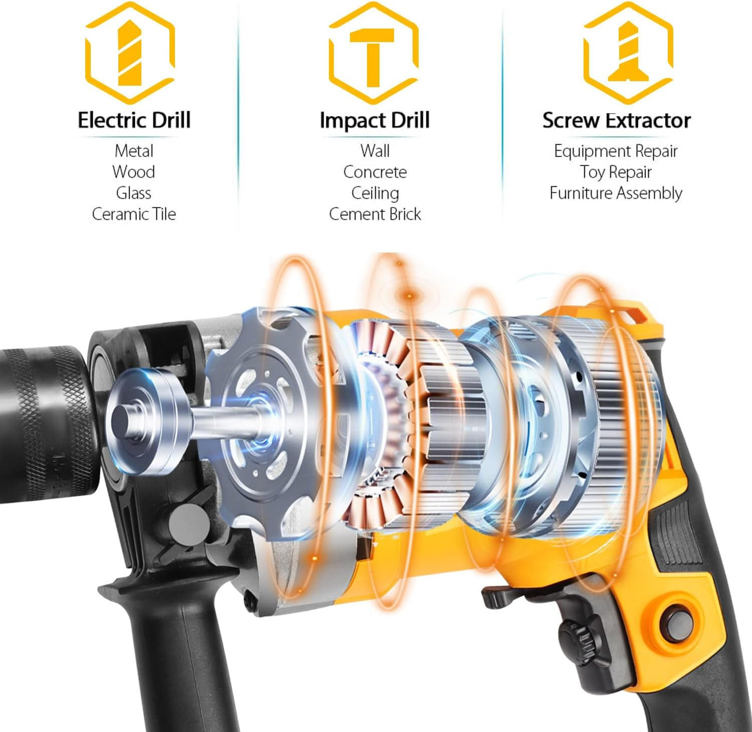 Electric Hammer Drill, 750W Corded Impact Drill, 0-3000RPM Adjustable Speed, Powerful Variable Speed, Suitable for Home Improvement and DIY. image number 3