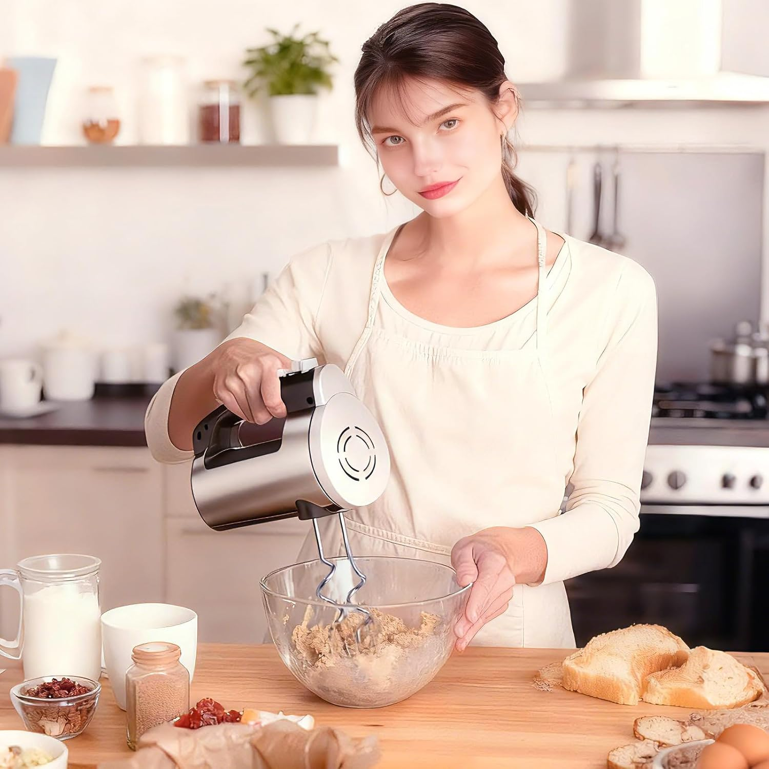 VINATO Electric Mixer, 300W Hand Mixer with 6 Speed, 2 Whisks and 2 Stainless Steel Kneader Hooks for Dough, Eggs, Cakes, Cream