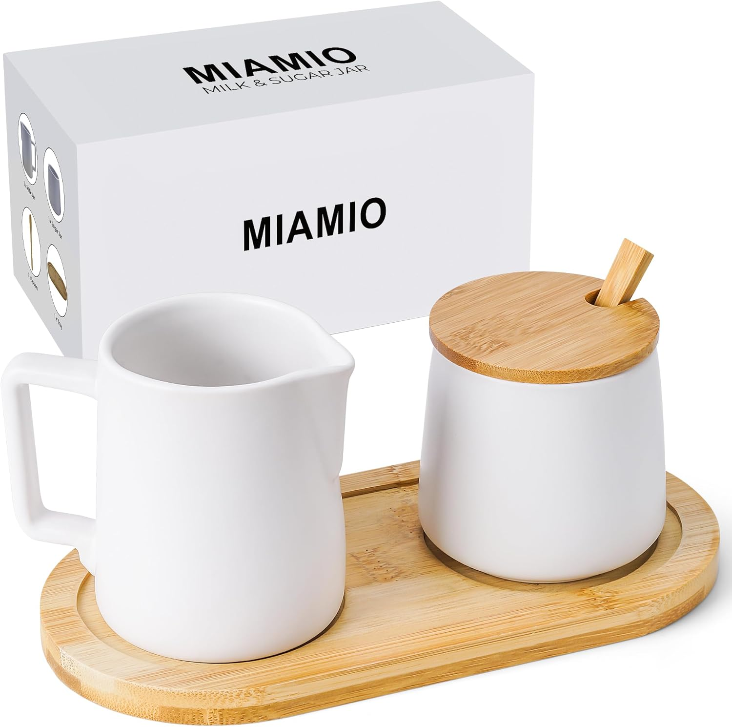 MIAMIO - Sugar and Cream Serving Set with Lid and Spoon/Ceramic Coffee Bar Accessories - Microwave & Dishwasher Safe (White)