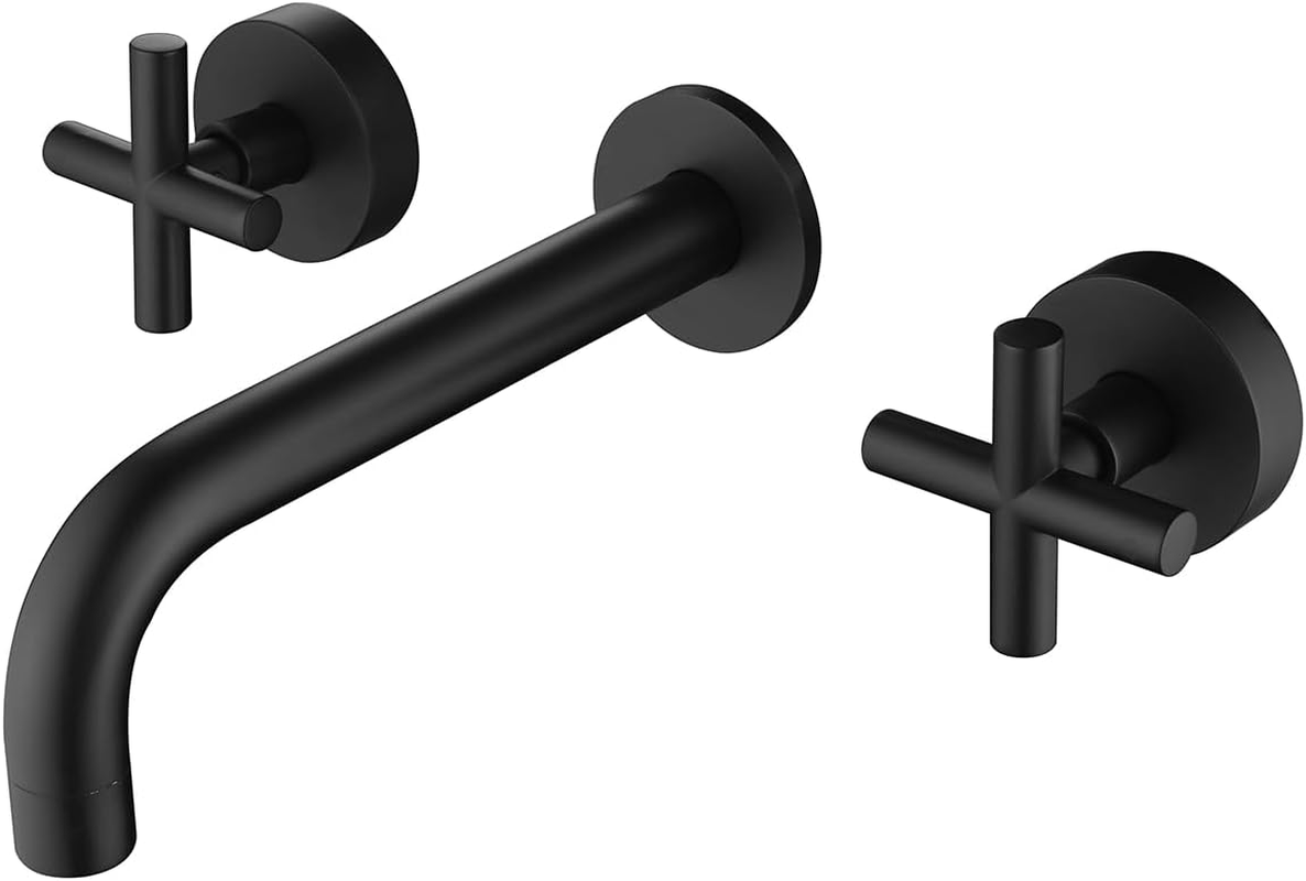 Decaura Bathroom Wall Sink Tap Set Cross Handles Basin Bath Spout Vanity Spa Bathtub Water Outlet with 1/4 Turn Twin Tap Set Brass (Matt Black)